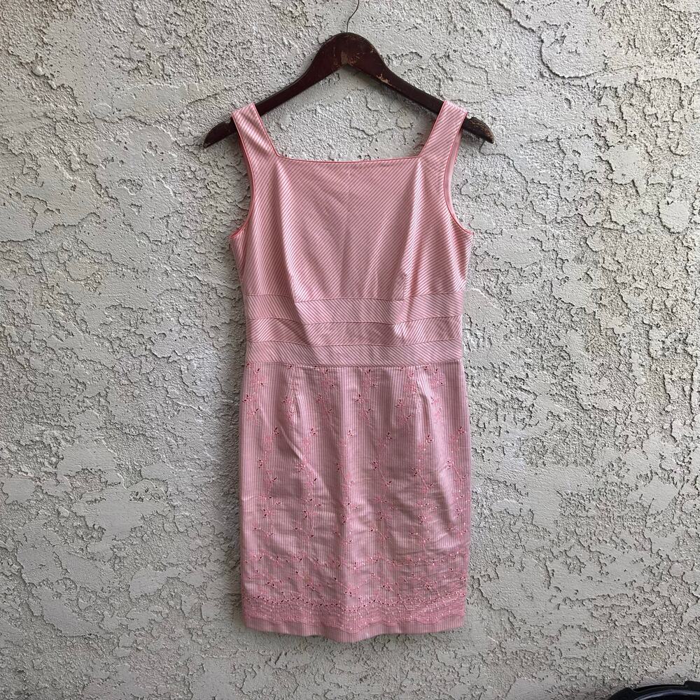 Vintage Talbots Pink Striped Eyelet Sheath Dress Cotton Size Petite 8